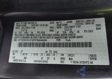 2015 Ford F-150 Xlt from USA, damaged, VIN 1FTEW1CF2FFB24920